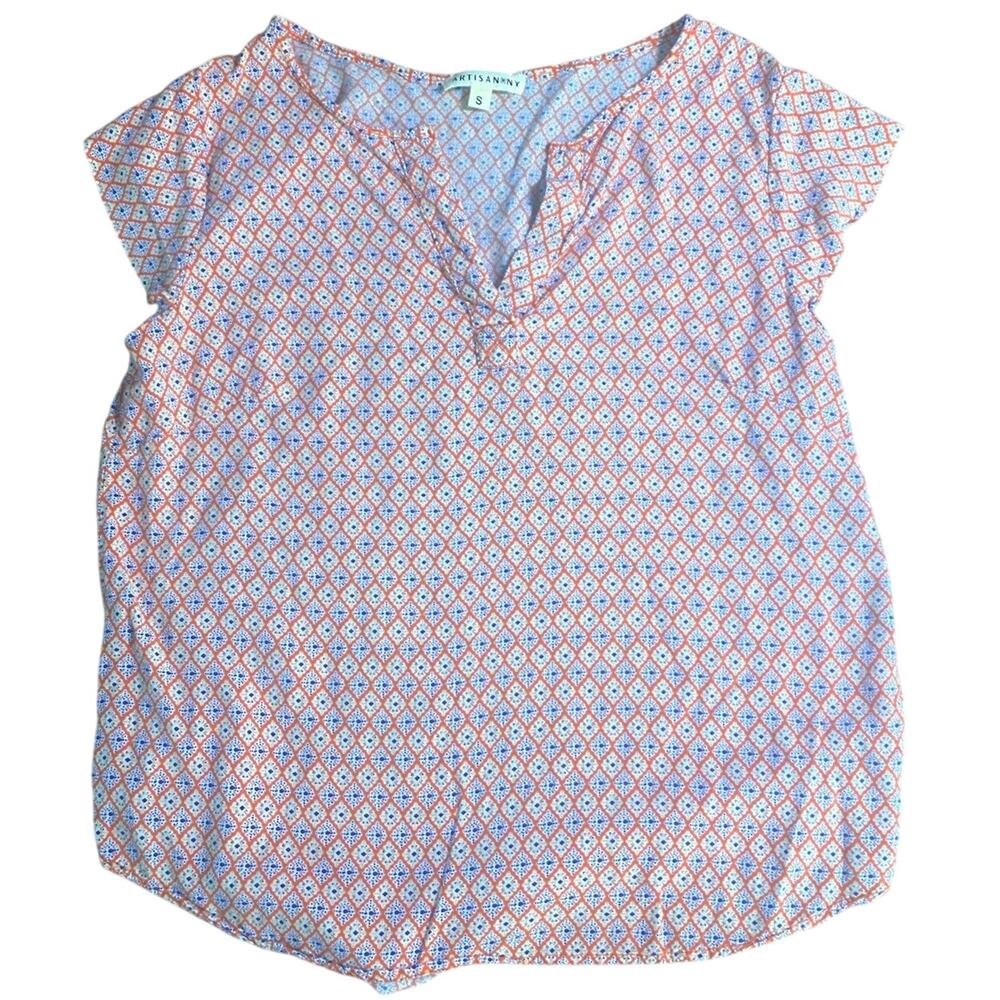 Artisan NY Women's Blouse Small Peach Print Short Sleeve 100% Rayon
